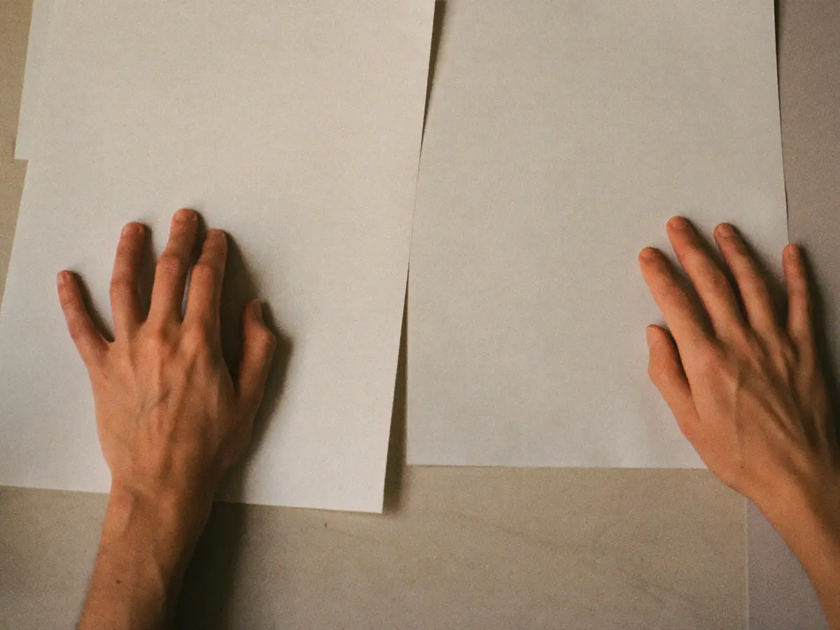 Two pairs of hands flattening blank printed sheets across a table.