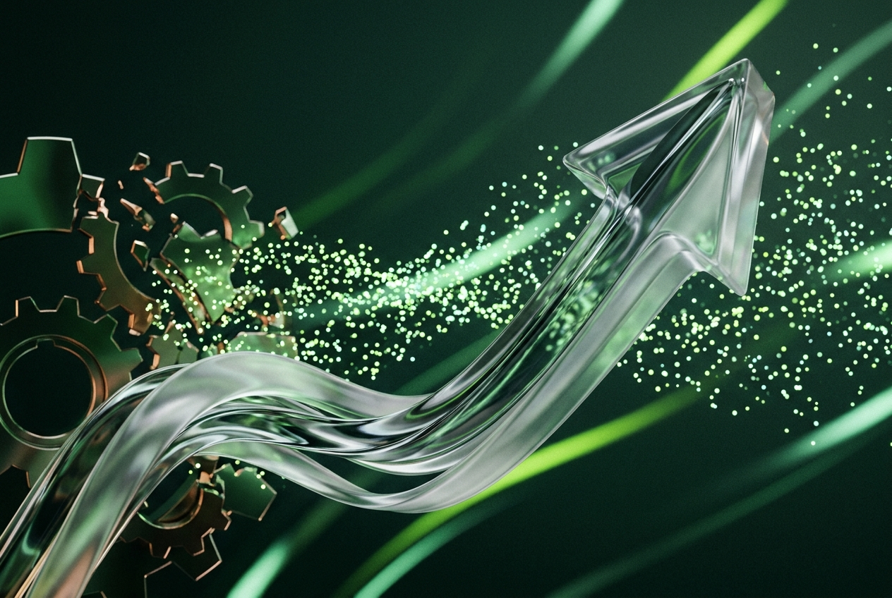 Abstract 3D visual: slow agency gears dissolving into fast AI-driven growth