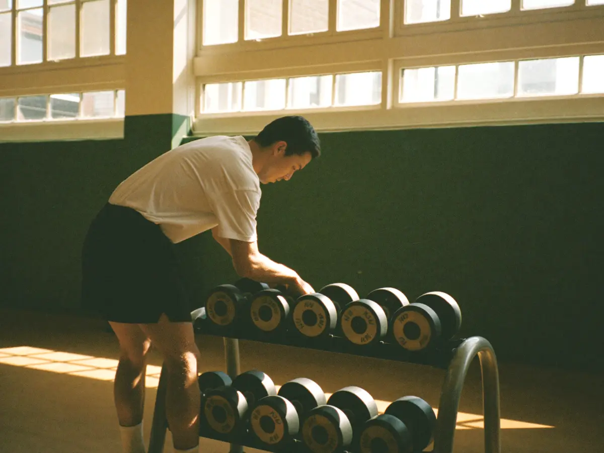 A trainer resetting a rack of dumbbells as morning light crosses the floor.