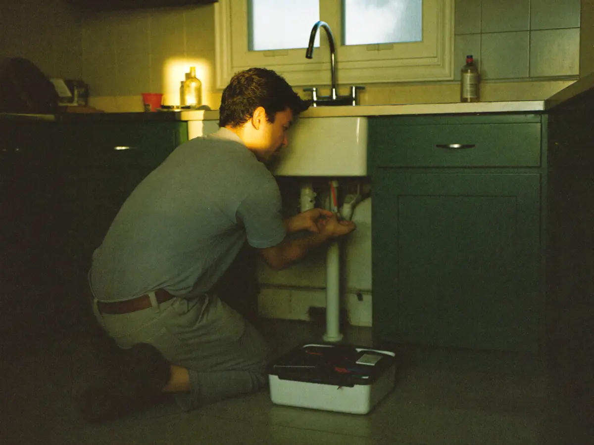 A plumber kneeling to fix a pipe under a kitchen sink, toolbox open beside him.