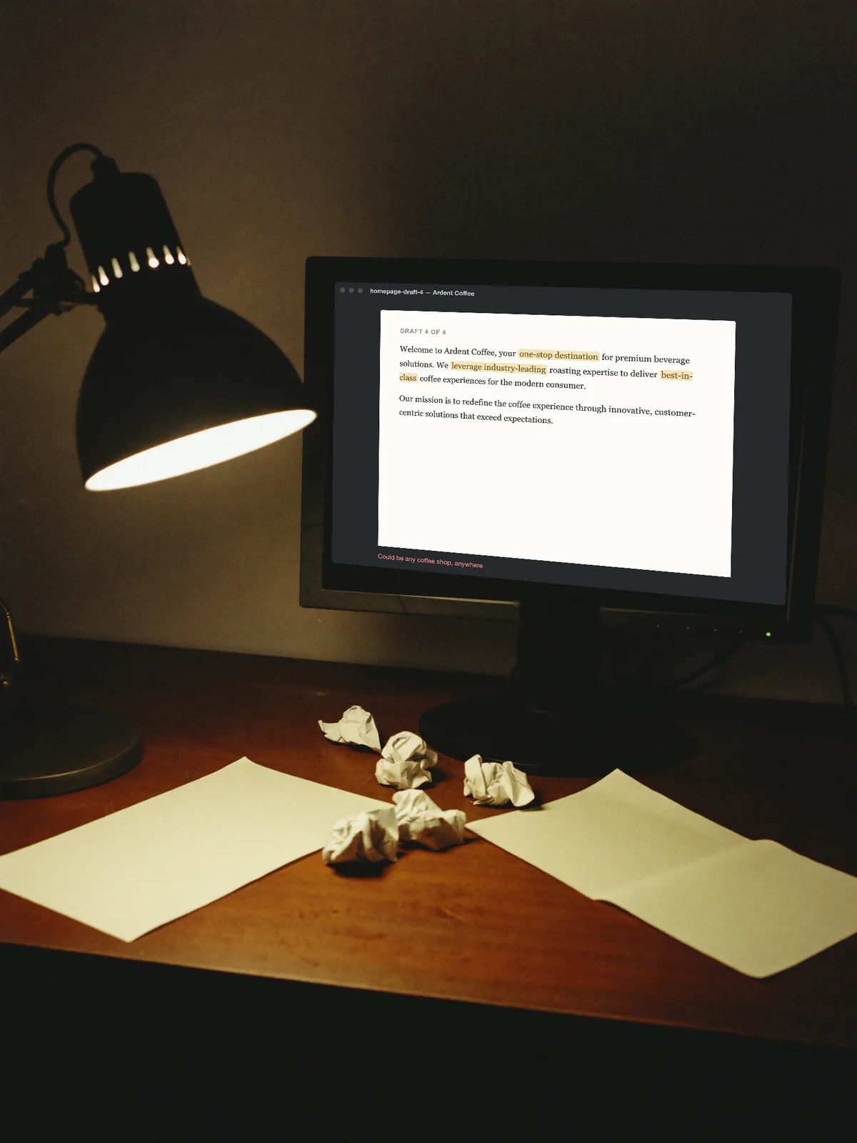 Draft four on the studio monitor at night, crumpled attempts below — the copy could be any coffee shop, anywhere.