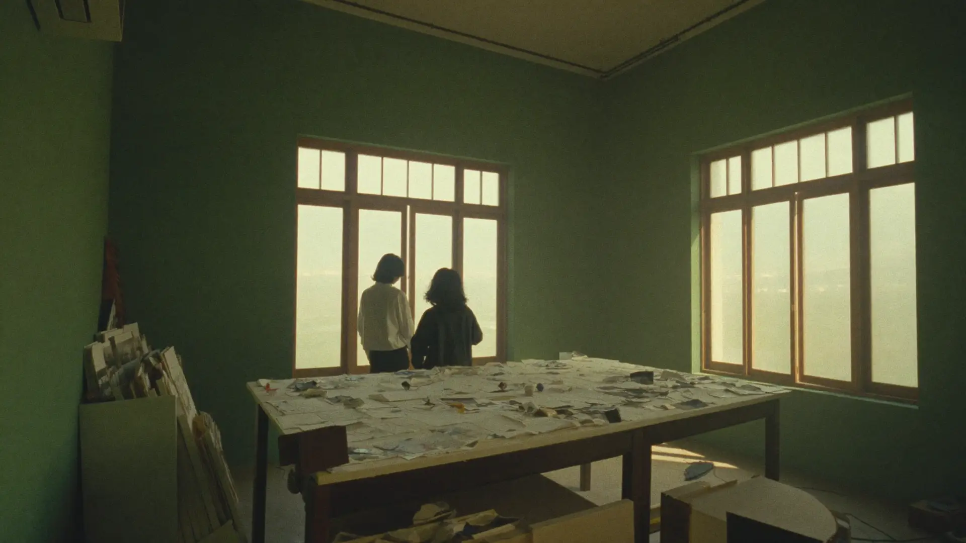 Two people working over plans spread across a paper-covered table.