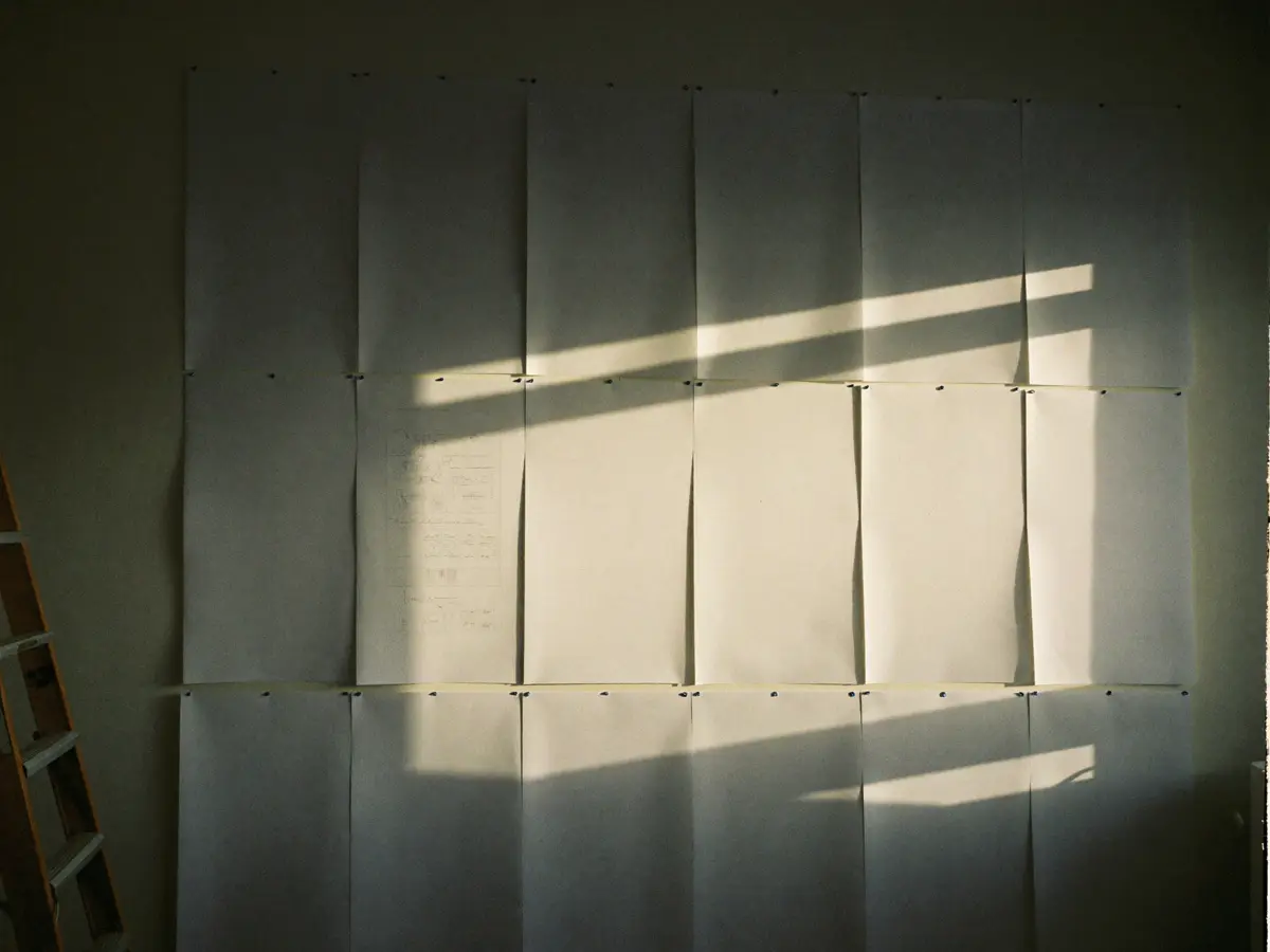 A studio wall of blank pinned sheets with late afternoon light raking across them.