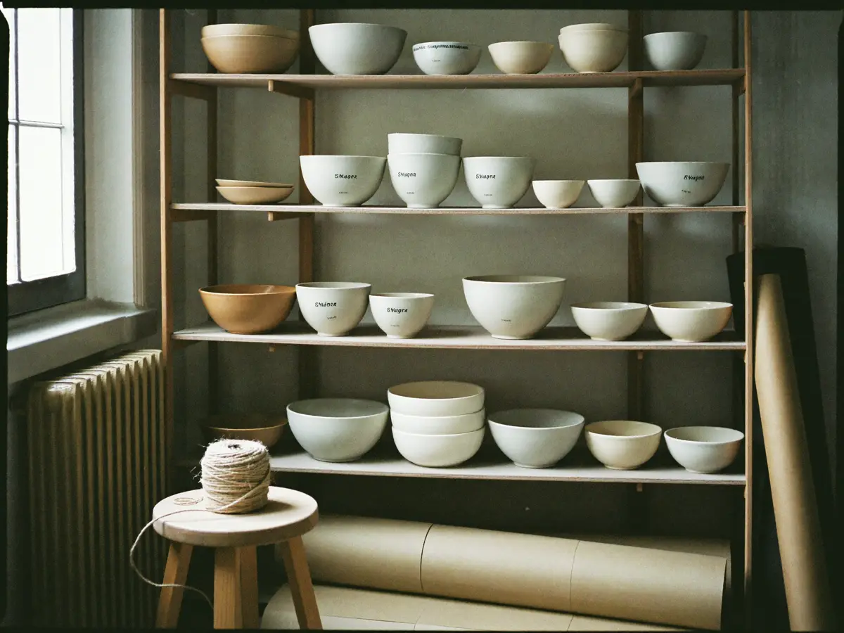 Shelves of plain ceramic bowls and stacked kraft paper in a maker's studio.