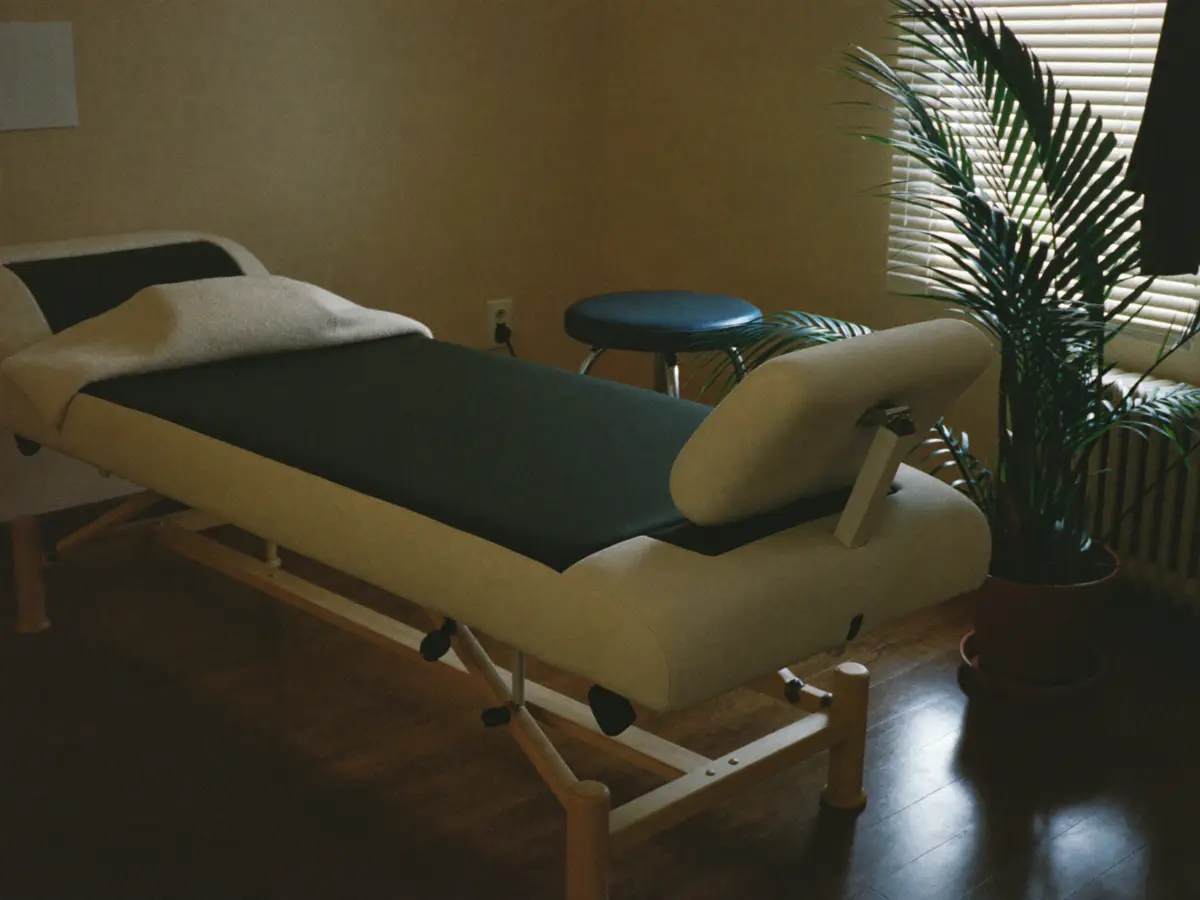 A treatment couch with a folded towel and a plant by the window.