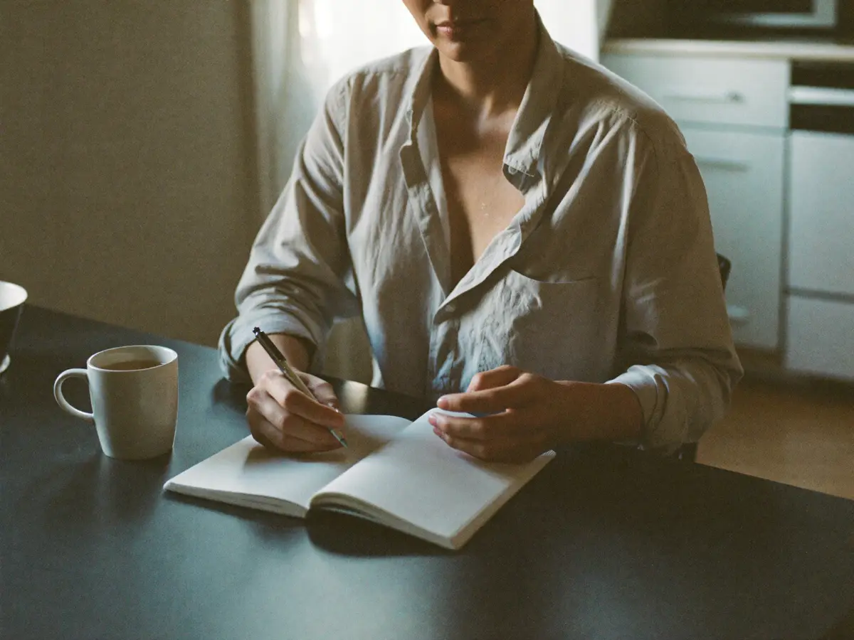A shop owner at the kitchen table before opening, tea and an open notebook.