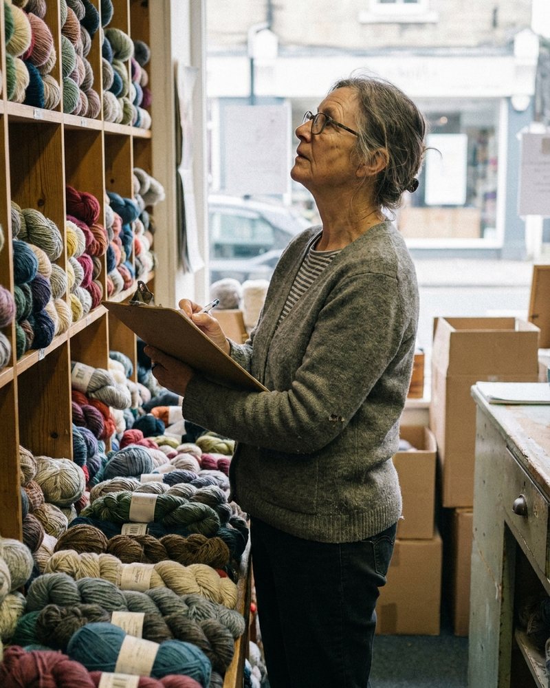 The owner of a yarn shop working along her own shelves with a clipboard, checking what has actually moved.