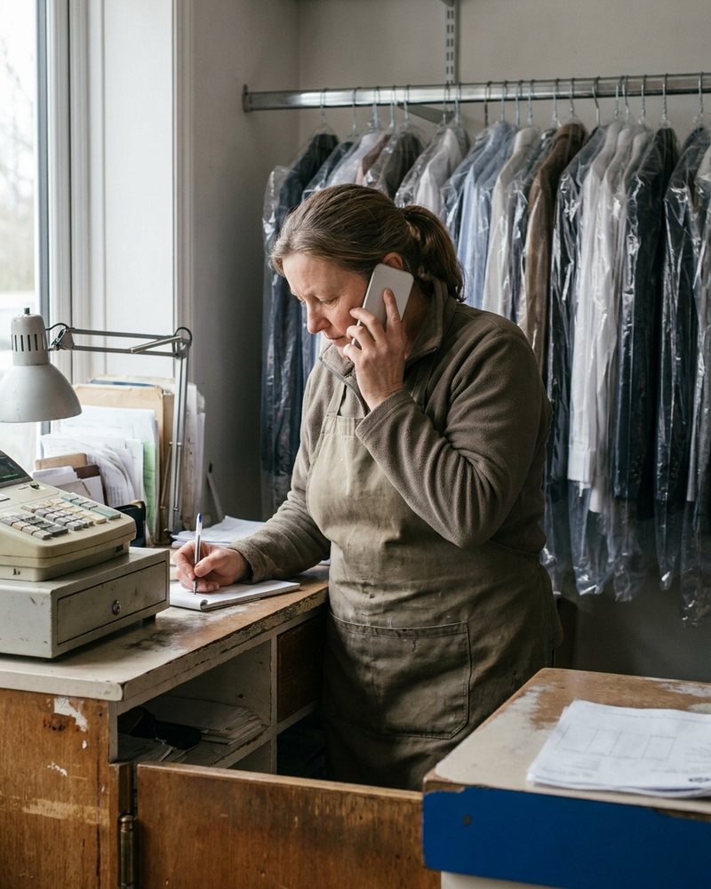 A shop owner at her counter, phone at her ear, writing the message down by hand.