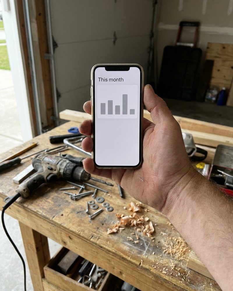A tradesman's dusty hand holding a phone with this month's ad report over a workbench of tools.