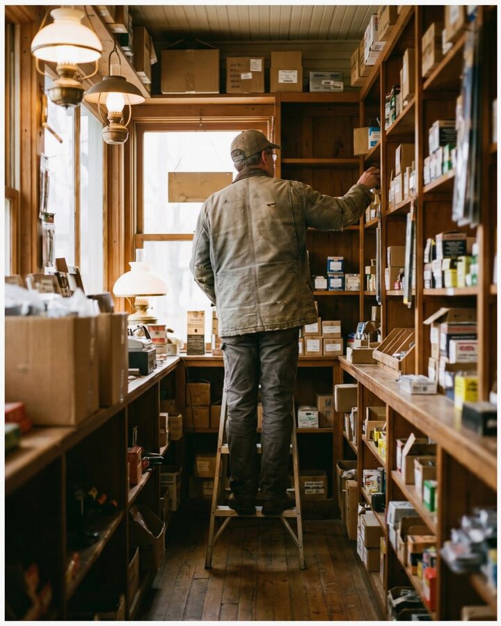 The owner of a general store reaching for stock on a high shelf.